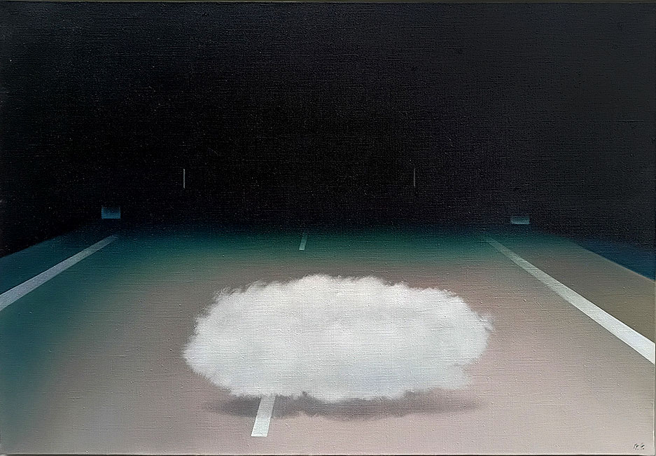 Kunstwerk, Straße nachts mit Wolke